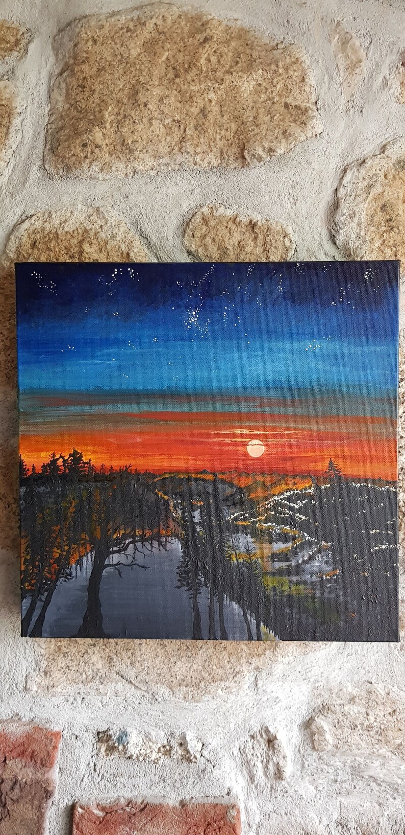 Acrylic Paint Stars, Original Artwork Trees Sun Stellar Sunset Sky Canvas Twilight