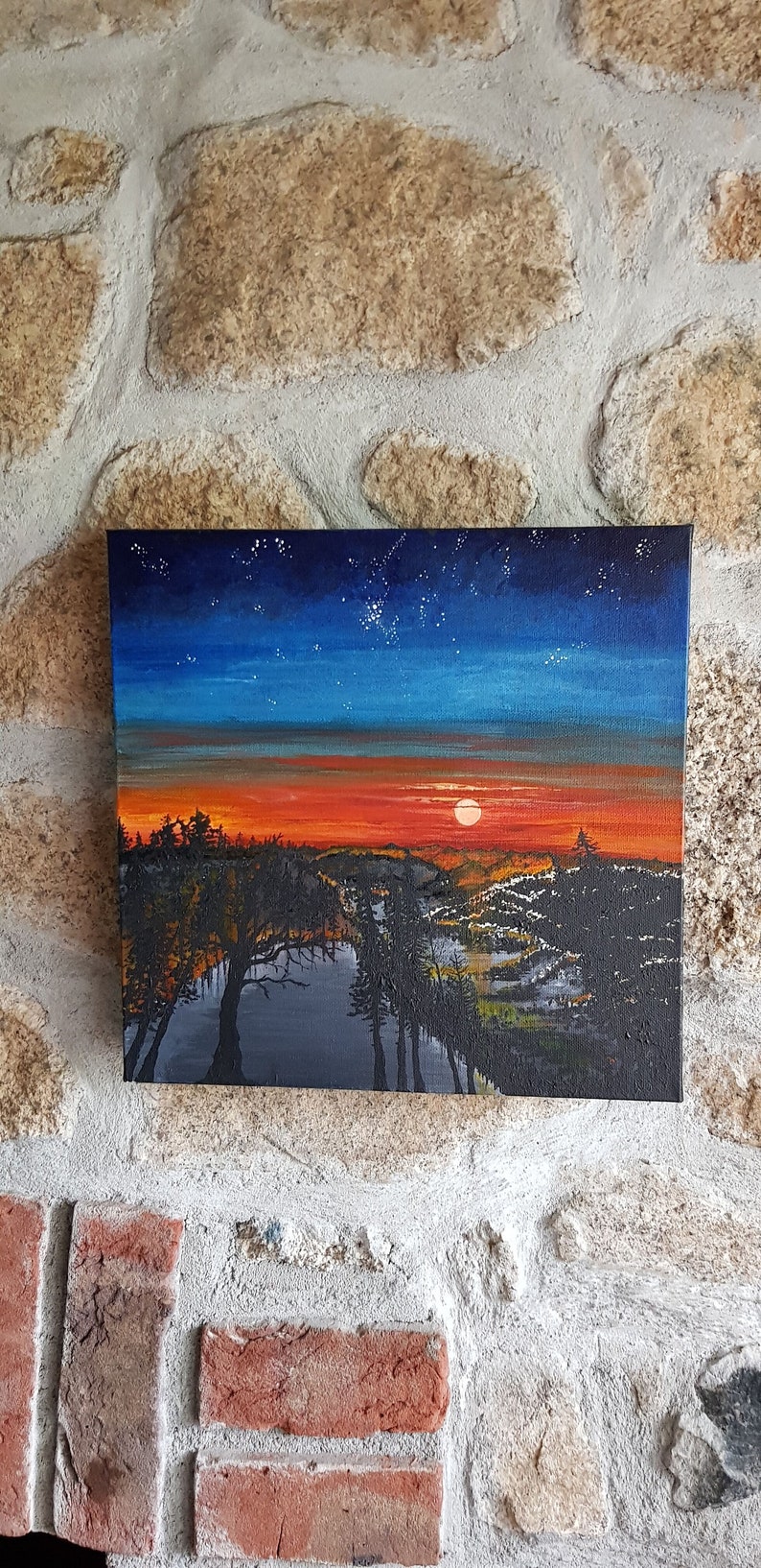 Acrylic Paint Stars, Original Artwork Trees Sun Stellar Sunset Sky Canvas Twilight