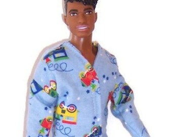 Train Print Flannel Pajamas-fits dolls like Ken