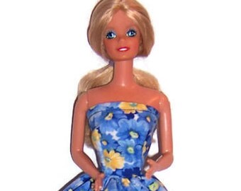 Fashion Doll Clothes-Blue/Yellow Floral Strapless Party Dress