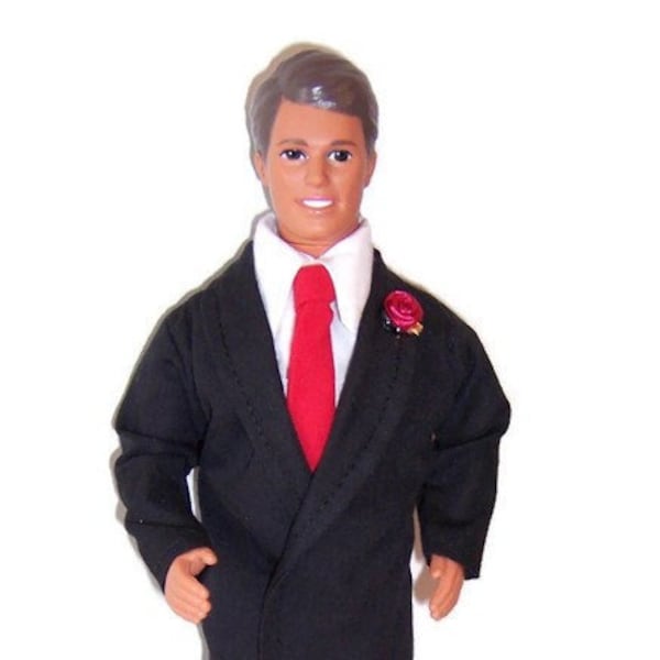 Boutonniere Suit Set-Black Jacket & Pants-Red Tie -White Shirt-will fit Ken