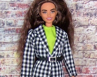 Black/White Coat Dress & Pants-LimeTop,Belt,Boots-will fit 11.5" dolls