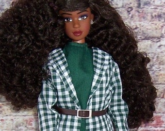 Green/White Coat Dress & Pants-Green Top,Belt,Boots-will fit 11.5" dolls