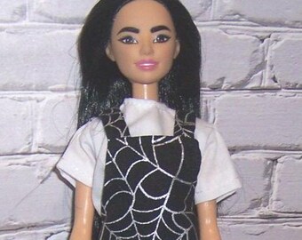 Black/Shiny Silver Spiderweb Jumper & White Blouse-will fit 11.5" girl dolls