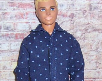 Navy/Blue Dotted Open Neck Shirt & Navy Pants-fits 12" dolls.