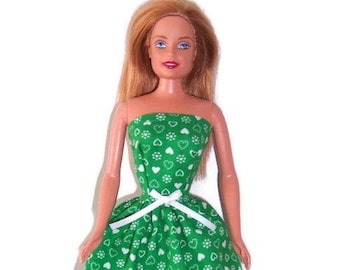 Doll Clothes-Green Heart Print Strapless Party Dress