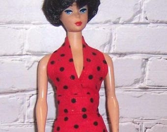 Red/Black Polka Dot Floor Length Slim Halter Dress-fits 11.5" dolls