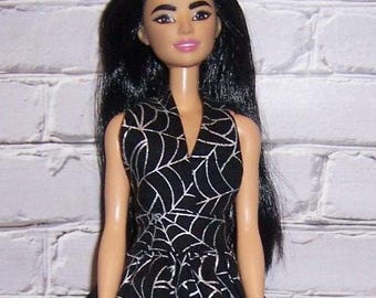 Glittery Black/Silver Spiderweb Print Halter Dress-fits 11.5" dolls