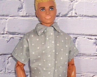 Gray/White Polka Dot Shirt & Gray Pants-will fit 12" dolls.