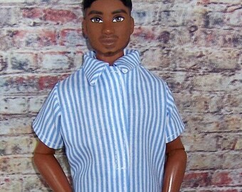 Blue/White Striped Shirt & Denim Shorts-fits 12" dolls.