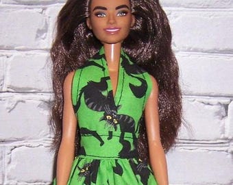 Black Cats on Lime Print Halter Dress-fits 11.5" dolls