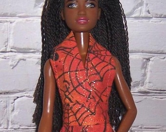 Slim Fit Halter Dress-Glittery Orange Spiderweb Print-fits 11.5" dolls