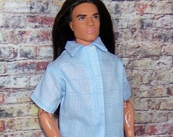 Light Blue Basketweave Shirt & Denim Shorts-fits 12" dolls.