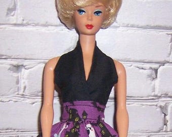 Black/Haunted House Print Halter Dress-fits 11.5" dolls