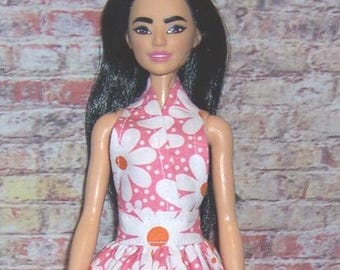 White Daisy Print Halter Dress-fits 11.5" dolls