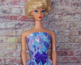 Blue/Lavender Dot Print Strapless Dress-will fit 11.5" dolls.