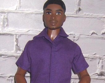 Purple Open Neck Shirt & Kente Print Shorts-fits 12" dolls.