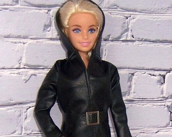 Black Hooded/Belted Coat-Black Boots-fits dolls like Barbie