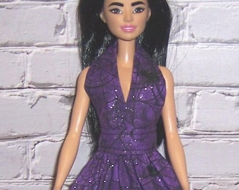 Glittery Purpel/Black Spiderweb Print Halter Dress-fits 11.5" dolls