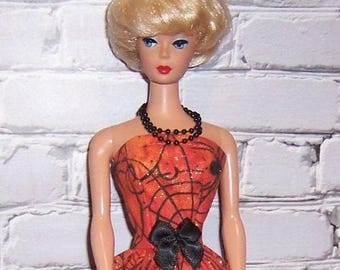 Orange/Shiny Black Spiderweb Print Strapless Dress-will fit 11.5" dolls.