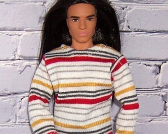 Red/Gold/Gray Striped Knit Shirt-will fit 12" dolls.