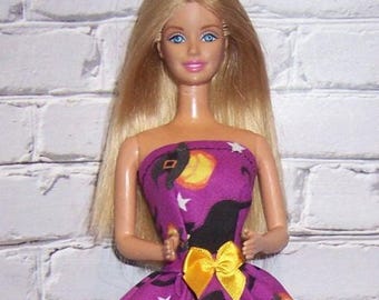 Black Cat/Pumpkins in Hats Print Strapless Dress-will fit 11.5" dolls.