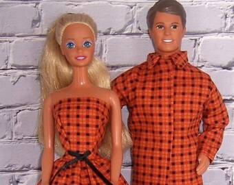 Orange/Black Plaid Dress & Long Sleeve Shirt-Black Pants-fits dolls like Ken/Barbie