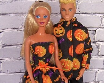 Pumpkin Print Dress & Long Sleeve Shirt-Black Pants-fits dolls like Ken/Barbie