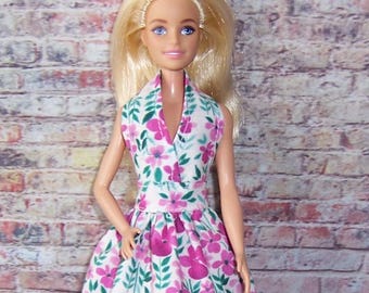 Magenta Floral Halter Dress-fits 11.5" dolls