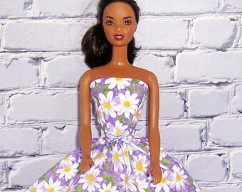 Lavender Daisy Print Long Strapless Dress-will fit 11.5&quot; dolls