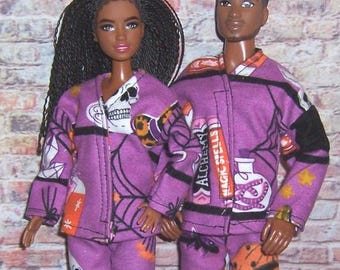His & Her Witches Room Print Flannel Pajamas-fits 11.5-12" dolls