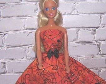 Shiny Orange/Black Spiderweb Print Strapless Dress-will fit 11.5" dolls