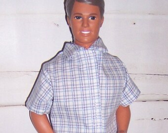 Aqua/Purple Plaid Shirt & Black Pants-will fit 12" dolls.