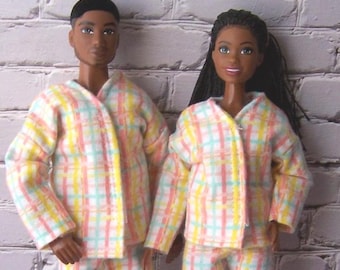 His & Her Pastel Plaid Flannel Pajamas-fits 11.5-12" dolls