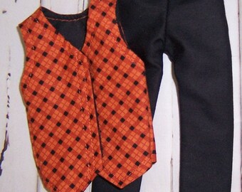 Orange/Black Plaid Vest & Black Pants-fits dolls like Ken