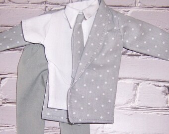 Gray/White Dotted Jacket & Tie,Gray Pants-White Shirt-fits dolls like Ken