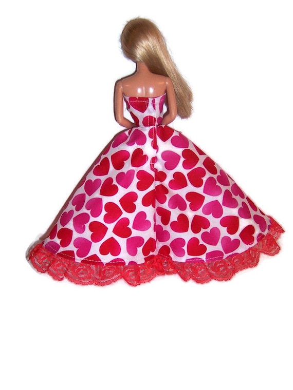 Doll Clothes-Red//Pink Heart Print Strapless Dress