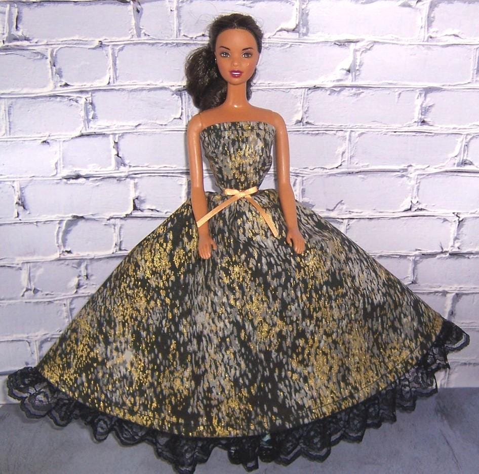 Black/Gold Print Long Strapless Dress-fits 11.5" dolls