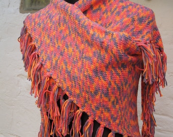 Driehoekige sjaal, schoudersjaal, sjaal, taille doek gebreid, kleurrijk met franjes en hoofdband