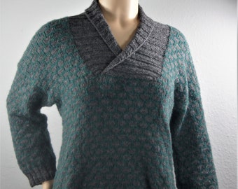 Strickpullover mit Schalkragen,Wollpullover, grau-petrol, Damenpulli Alpaka, Strickpullover Damen,