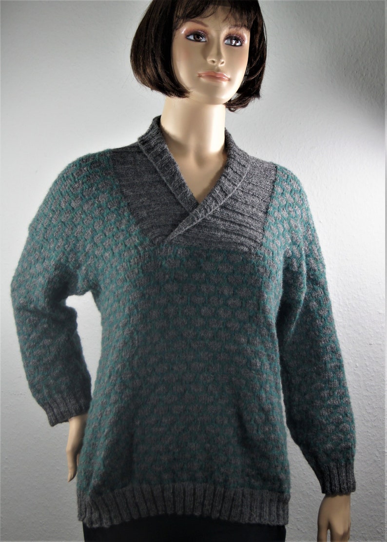 Strickpullover mit Schalkragen,Wollpullover, grau-petrol, Damenpulli Alpaka, Strickpullover Damen, Bild 1