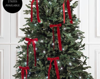 Burgundy Deep Red Velvet Christmas Bows - Christmas Tree Bow Coquette Ornaments, Set of 8, 2 Sizes
