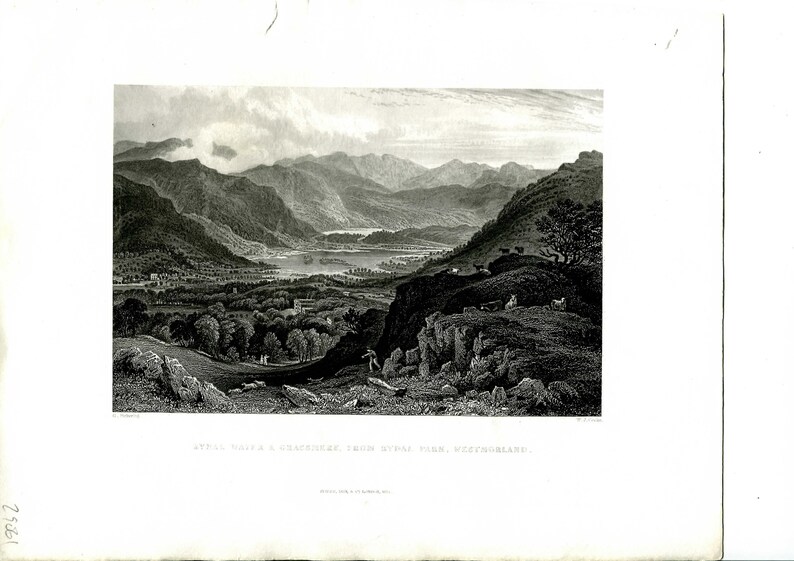 Pickering Engraving \u2013 Rydal Water Book Illustration \u2013 Metal Engraving Cumbria Pickering Westmorland Grasmere