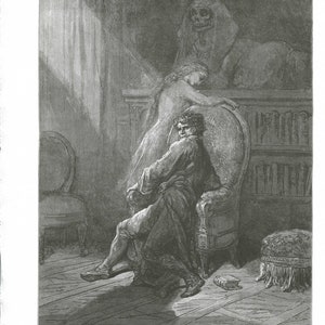 Gustave Dore Engraving – The Raven   Dore Print   Edgar Allan Poe   Book Illustration – Metal Engraving  Gothic Art   Gustave Dore Print