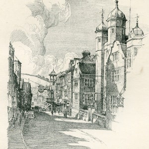 Gordon Home etching of High Street Guildford 1929 Vintage Print   Surrey view of Guildford Abbots Hospital   Antique Etching of Surrey   9