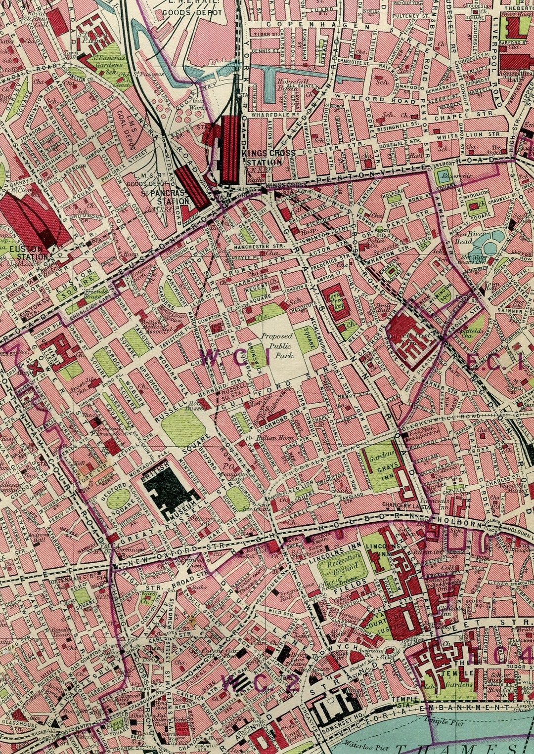Kings Cross London Map 1930 Bartholomew Vintage Coloured London Map ...