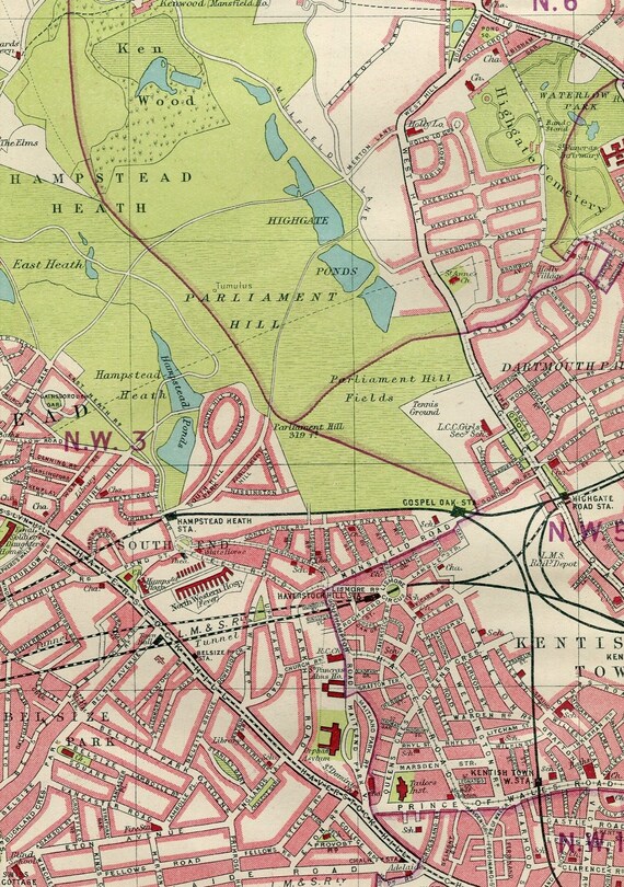 Hampstead London Map 1930 Vintage Coloured London Map Matted Etsy