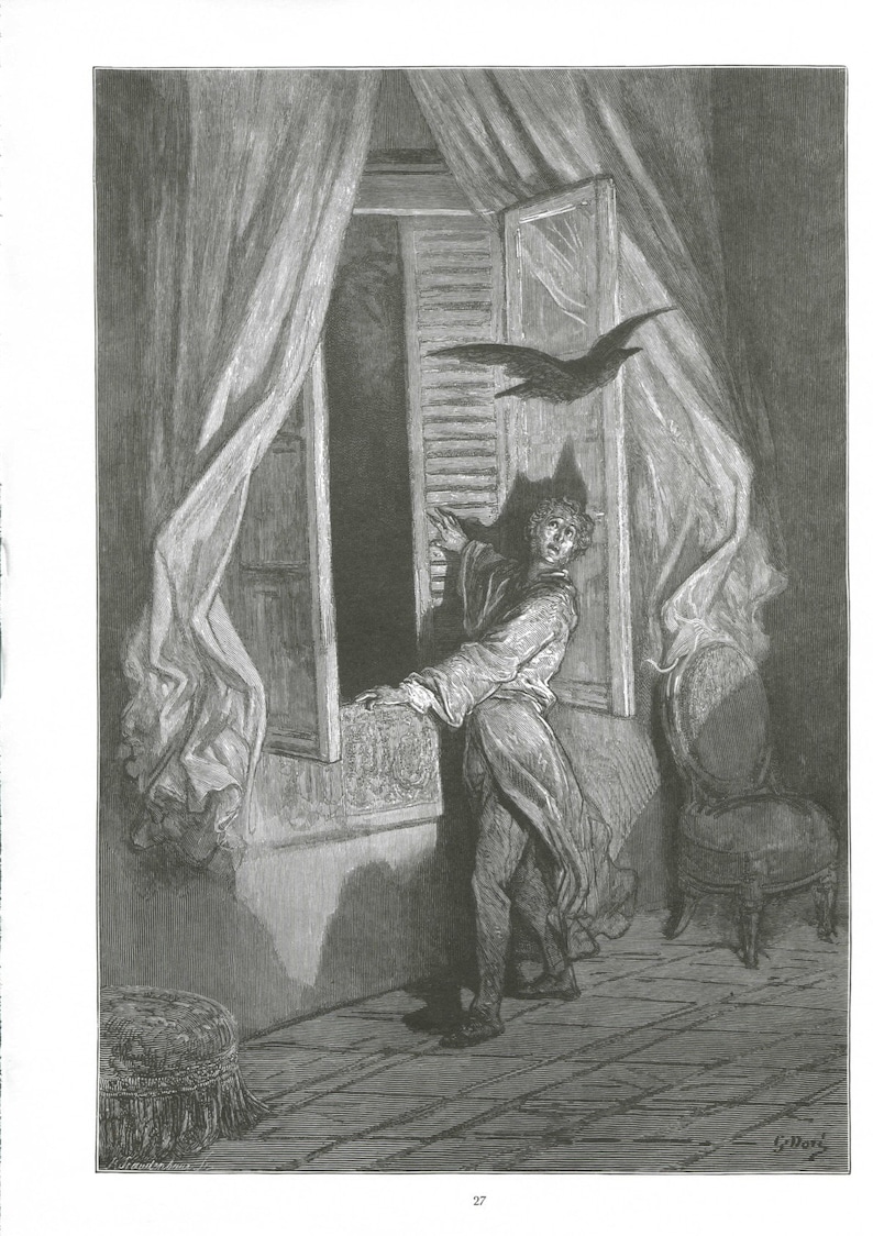 Gustave Dore Print Gustave Dore Engraving \u2013 The Raven Dore Print Edgar Allan Poe Book Illustration \u2013 Metal Engraving Gothic Art