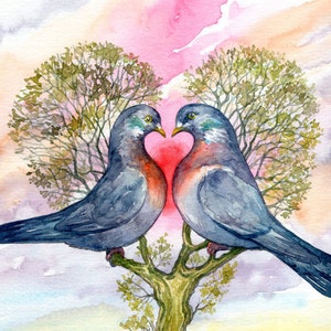 LoveDoves card - Wood Pigeons; for wedding, handfasting, lovers, friends, Beltane; 7x5" watercolour, digitally printed