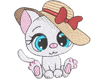 Niedliche Katze in einem Hut-Stickdatei-Design, sofortiger Download, Maschinenstickerei digitalisierte Datei, Kinder-T-Shirt-Design, Baby-Cartoon-Kitty.